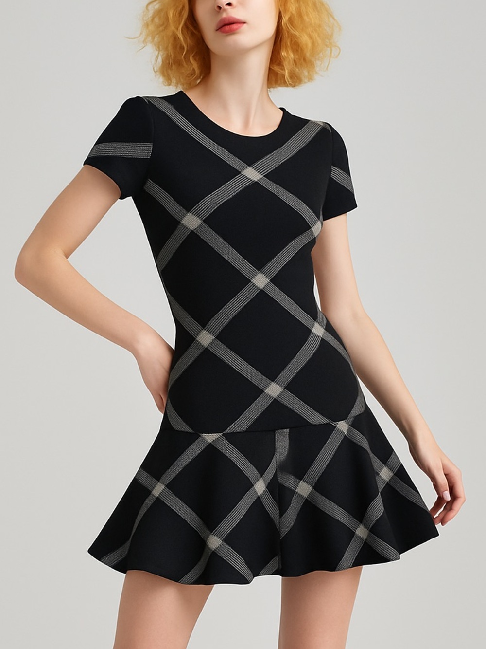 🌸Dex Black Plaid Knit Fit-and-Flare Dress